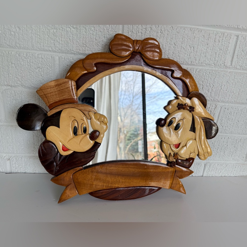 Mickey and Mini Mouse Hand Carved Wood Mirror Vintage